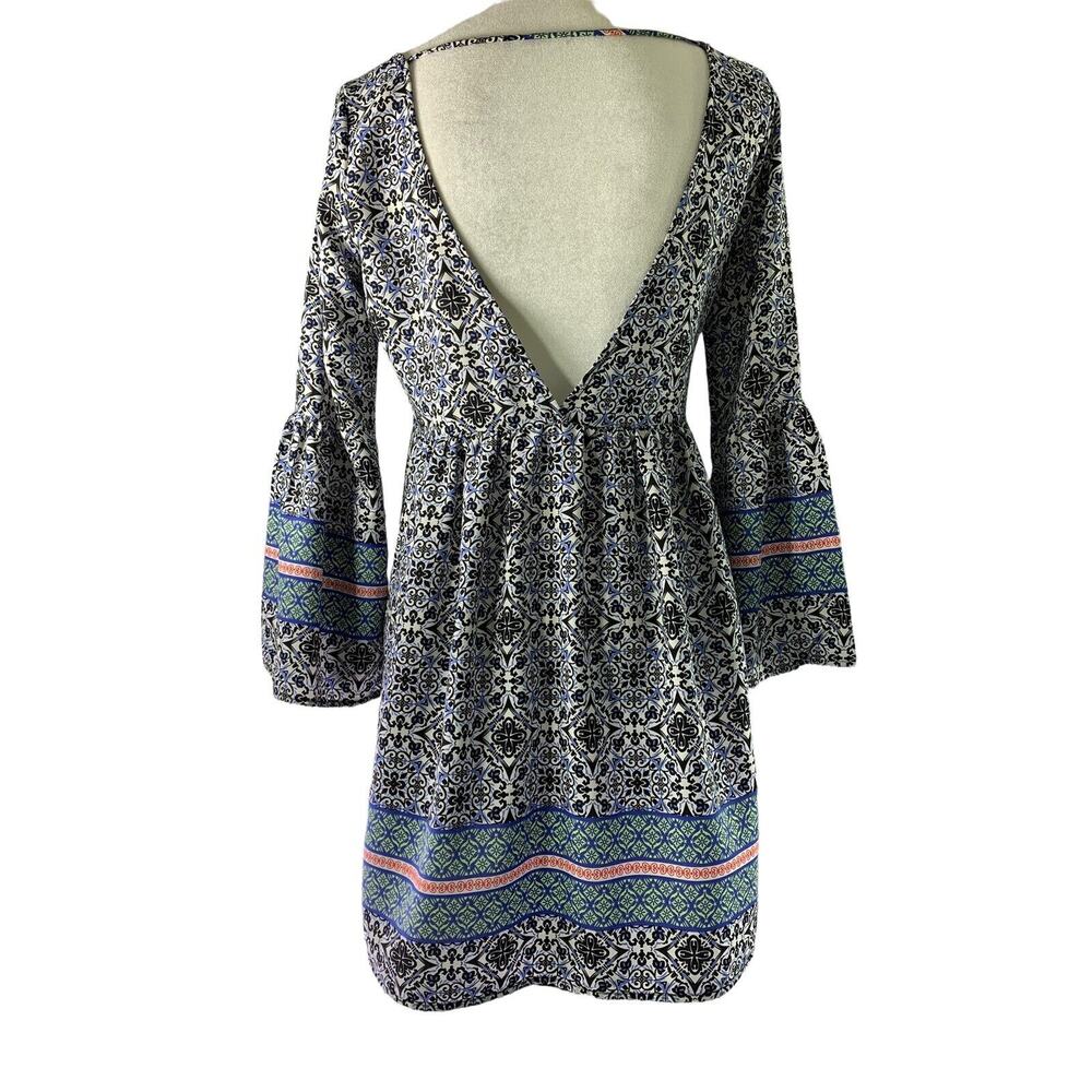 Womens‎ Small Boho Dress Open Back Long Sleeve Black Blue Floral Print Hippie